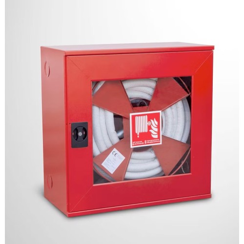 Cutie hidrant cu furtun semirigid alb texturat CFS-RG33 700x700x340 echipata, cu dubla inchidere (robinet hidrant DN52 aluminiu+reductie DN52-DN33) – aviz CE